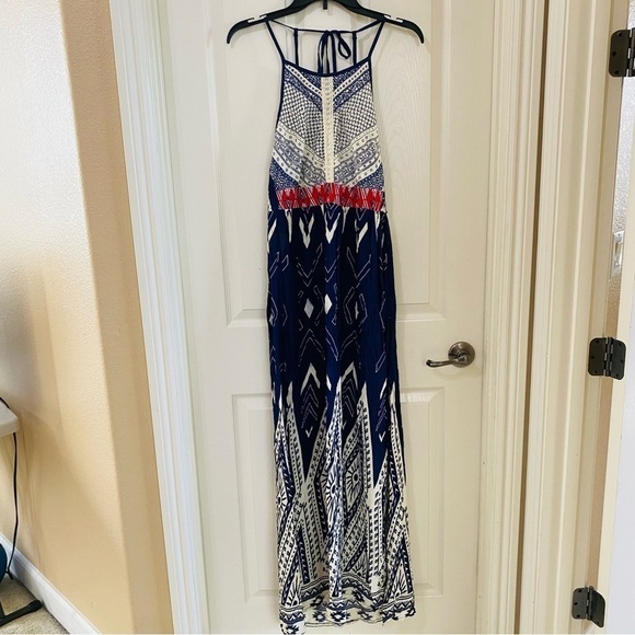 Japna New Size M Halter Style Maxi Dress Rayon Blue Cream Red Aztec Boho Print - Picture 5 of 10